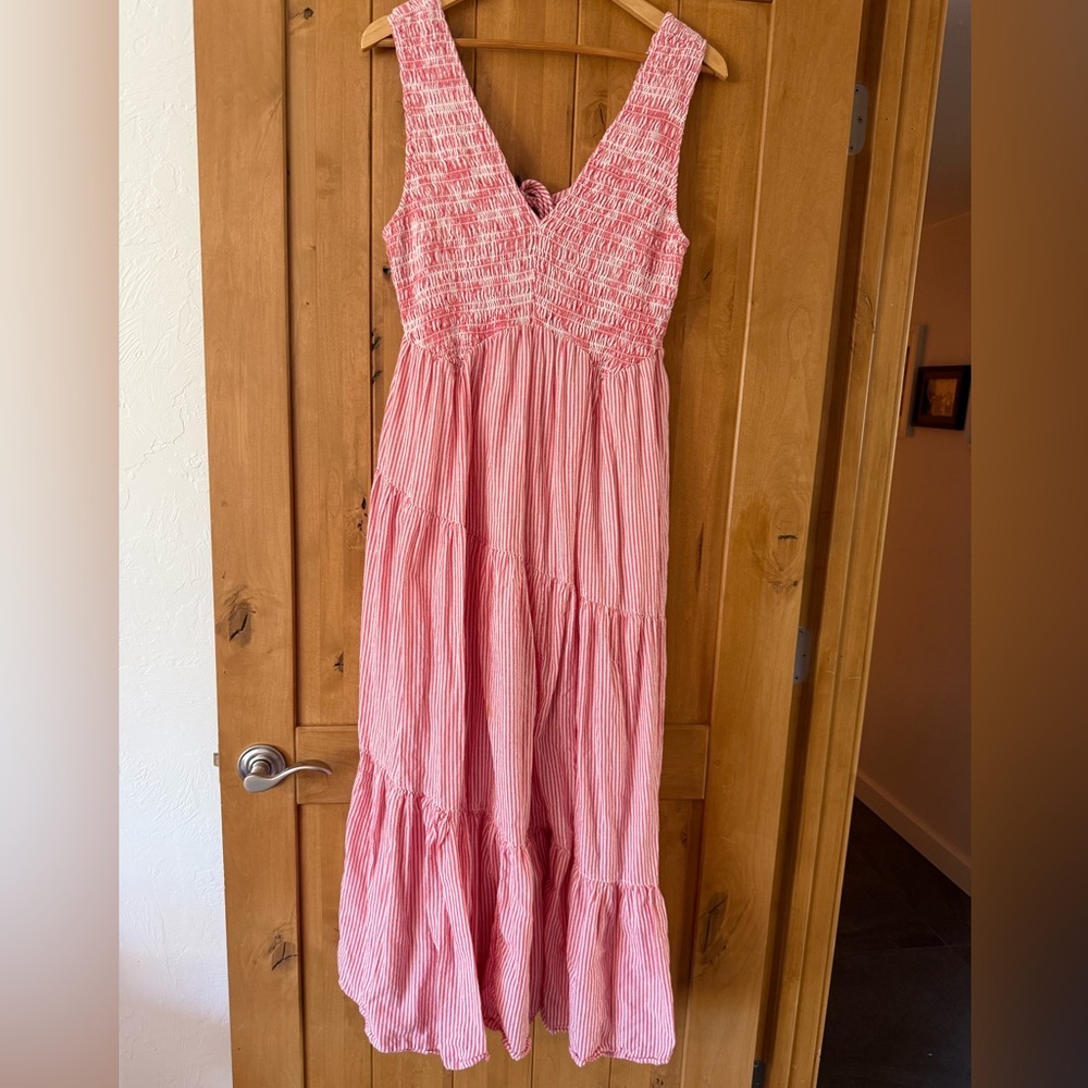 Free People Juno Sleeveless Smocked Tier Pink and White Striped Maxi Dress